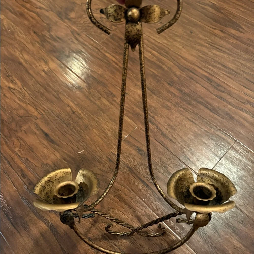 Vintage Double Wall Sconce Metal Candle Holder Italian Tole Rose Flower
